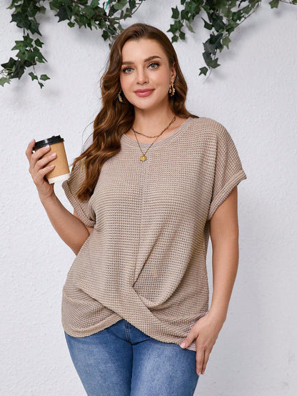 Clasi Women Plus Size Summer Solid Color Crew Neck Batwing Sleeve Knot Hem Waffle Casual Business Casual T-Shirt Vacation Office Brown