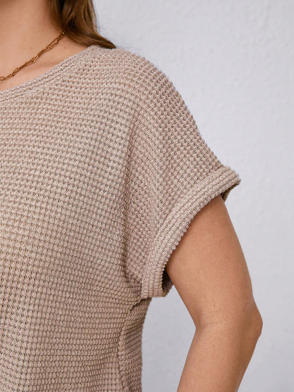 Clasi Women Plus Size Summer Solid Color Crew Neck Batwing Sleeve Knot Hem Waffle Casual Business Casual T-Shirt Vacation Office Brown
