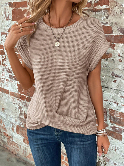 Clasi Women Plus Size Summer Solid Color Crew Neck Batwing Sleeve Knot Hem Waffle Casual Business Casual T-Shirt Vacation Office Brown