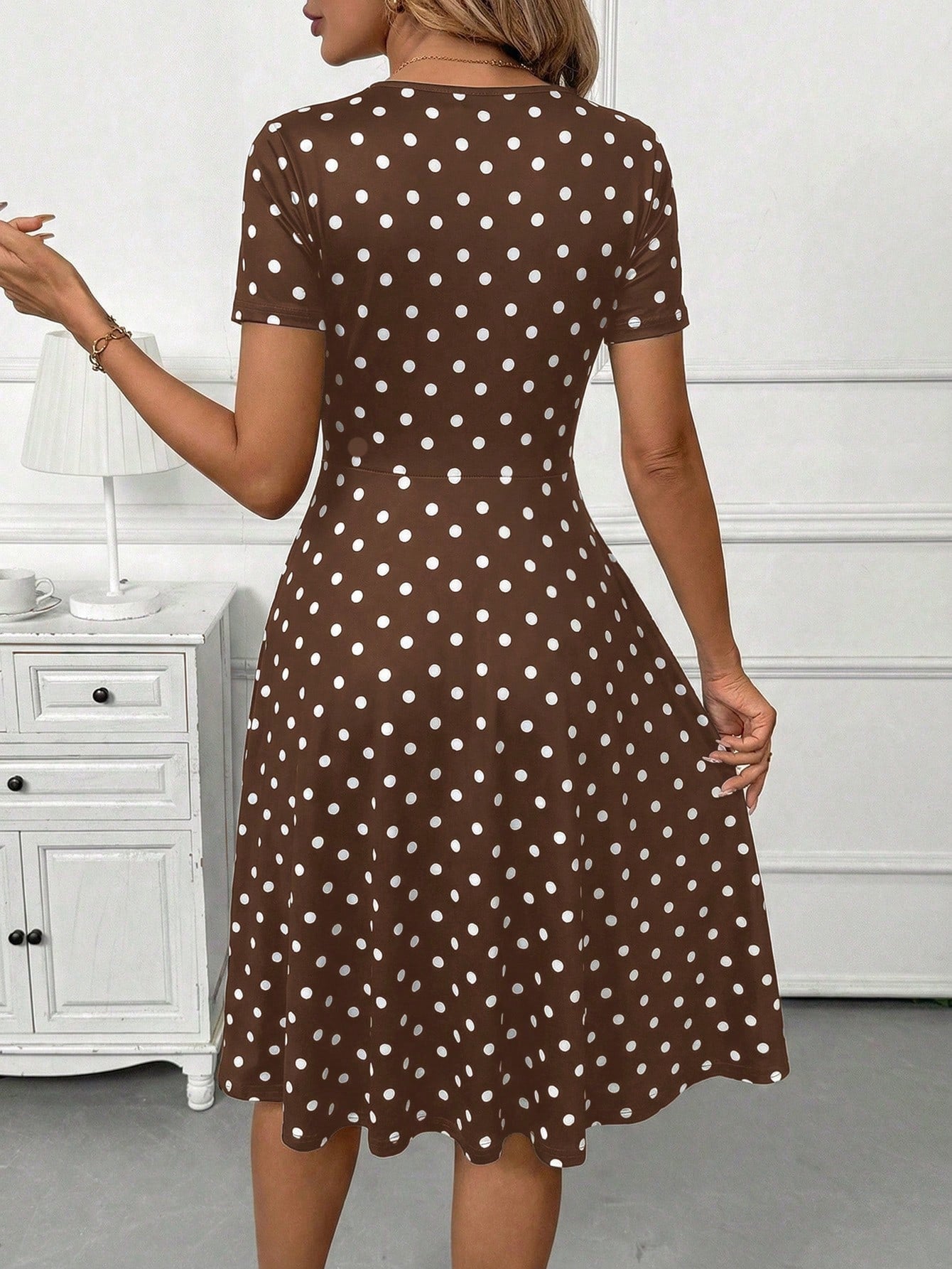 Clasi Women's Casual Polka Dot Print Button Decor Short Sleeve Mid-Length Dress, Summer