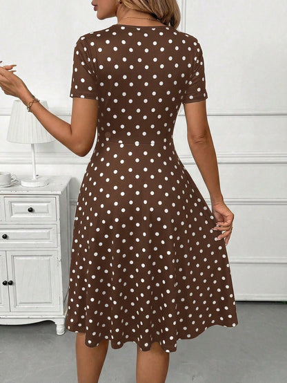 Clasi Women's Casual Polka Dot Print Button Decor Short Sleeve Mid-Length Dress, Summer