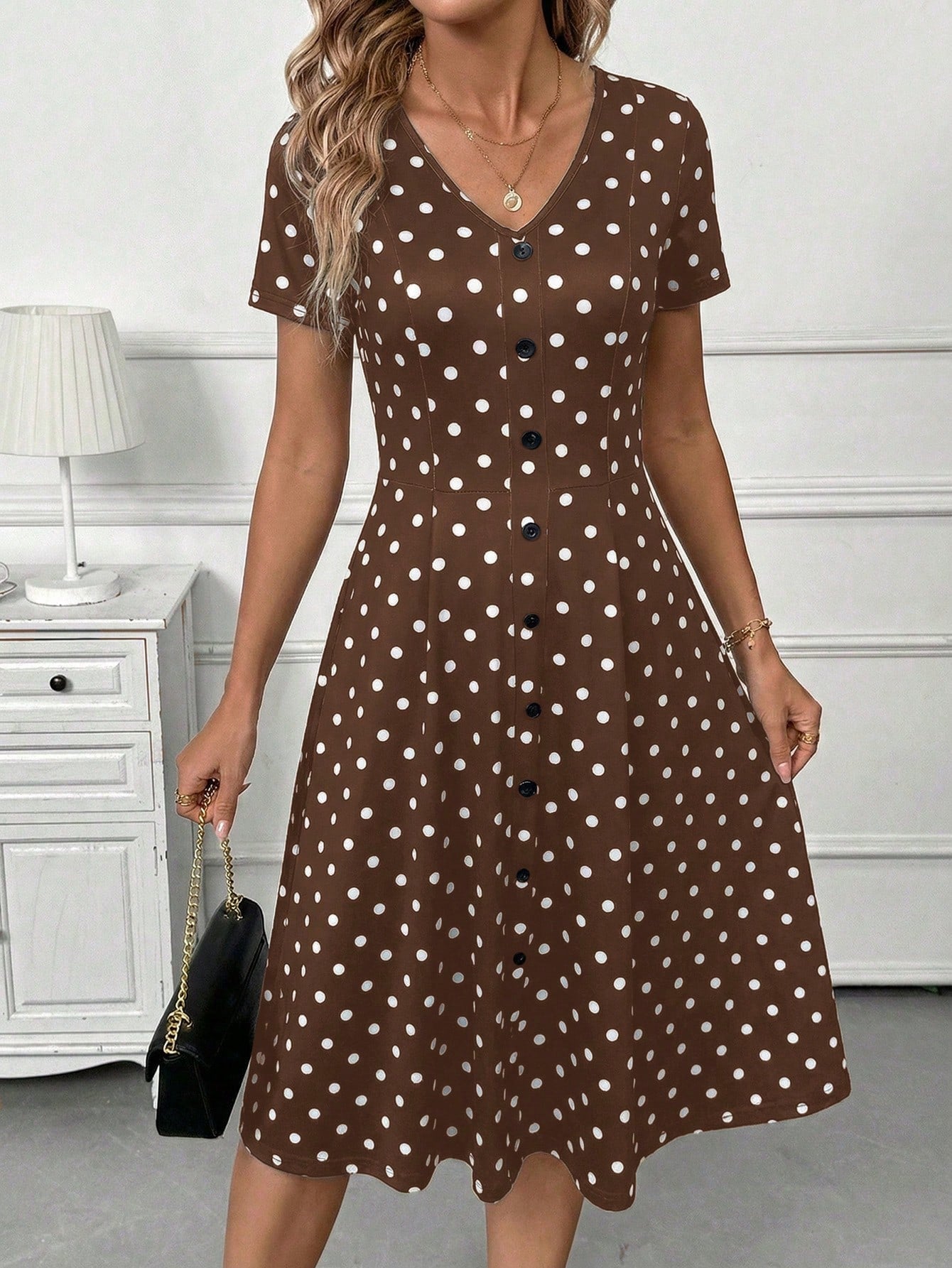 Clasi Women's Casual Polka Dot Print Button Decor Short Sleeve Mid-Length Dress, Summer