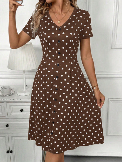 Clasi Women's Casual Polka Dot Print Button Decor Short Sleeve Mid-Length Dress, Summer