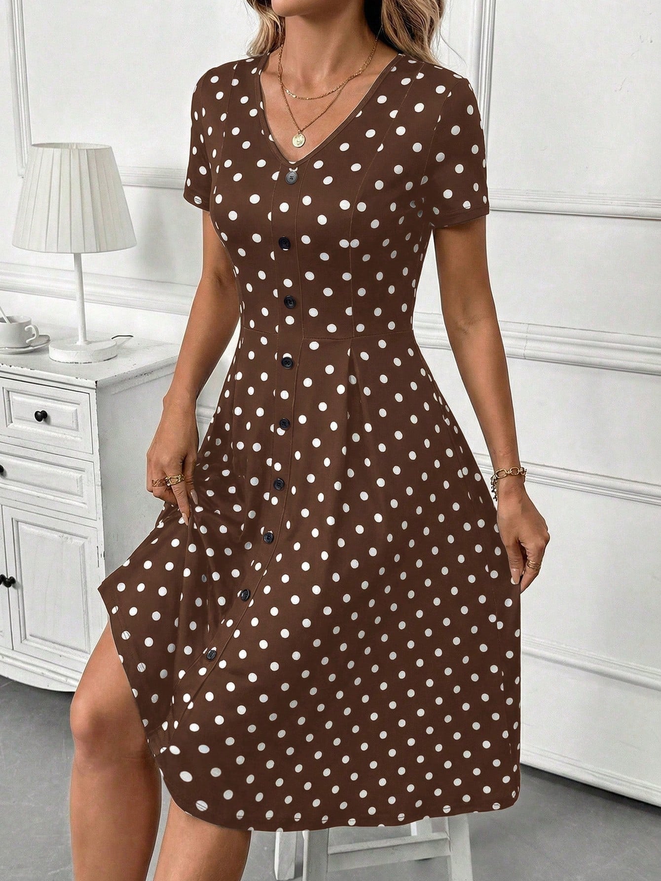 Clasi Women's Casual Polka Dot Print Button Decor Short Sleeve Mid-Length Dress, Summer