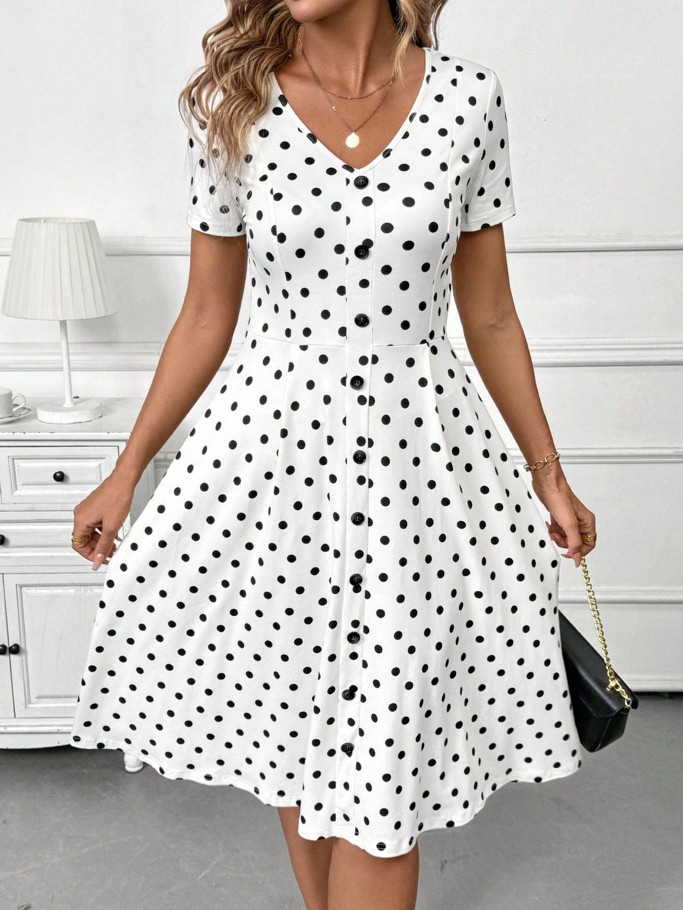 Clasi Women's Casual Polka Dot Print Button Decor Short Sleeve Mid-Length Dress, Summer