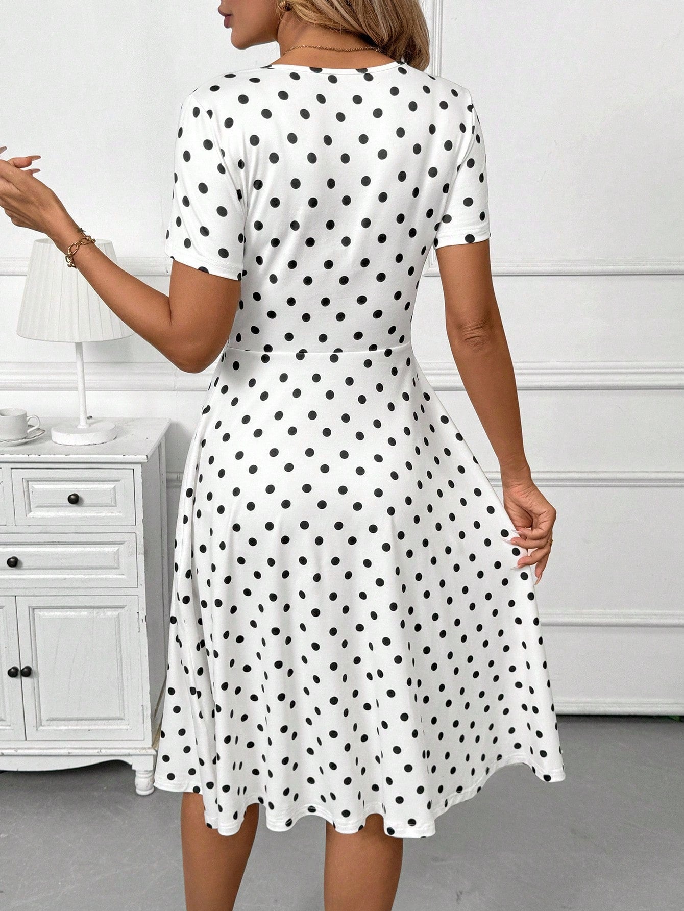 Clasi Women's Casual Polka Dot Print Button Decor Short Sleeve Mid-Length Dress, Summer