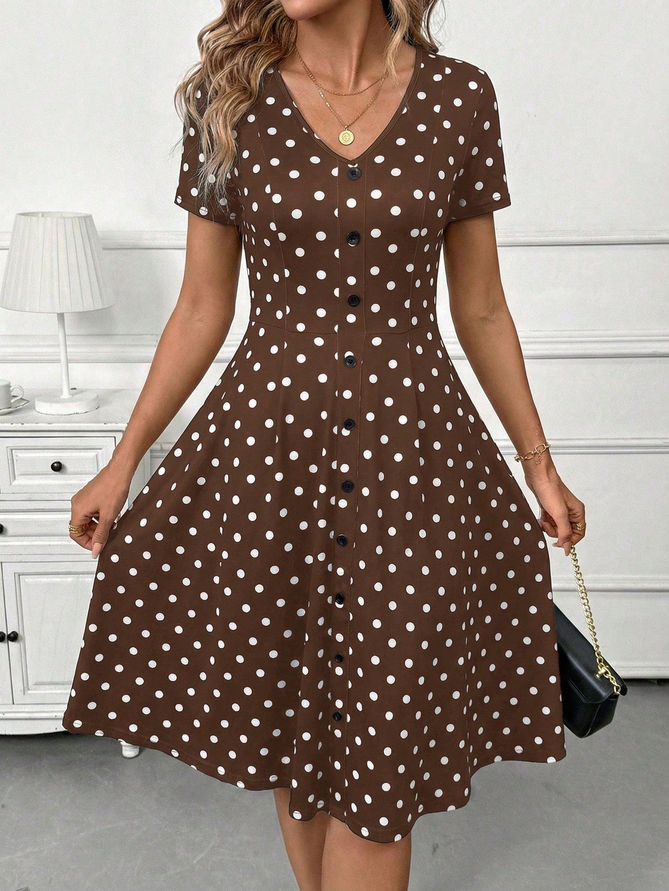 Clasi Women's Casual Polka Dot Print Button Decor Short Sleeve Mid-Length Dress, Summer