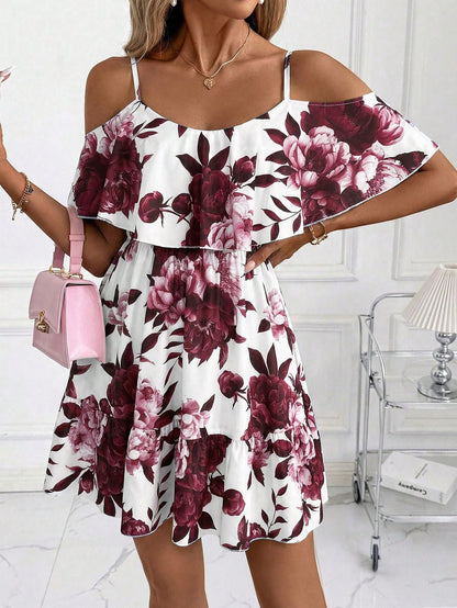 Clasi Women's Floral Print Ruched Cami Mini Dress, Fashionable For Dates And Parties,Casual Dresses For Women