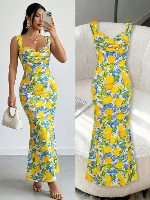 Clasi Women's White And Blue Floral Lemon Print Dress, Summer Casual Tropical Holiday Vacation Bodycon Maxi Dress, Pleated Collar Garden Party Beach Wedding