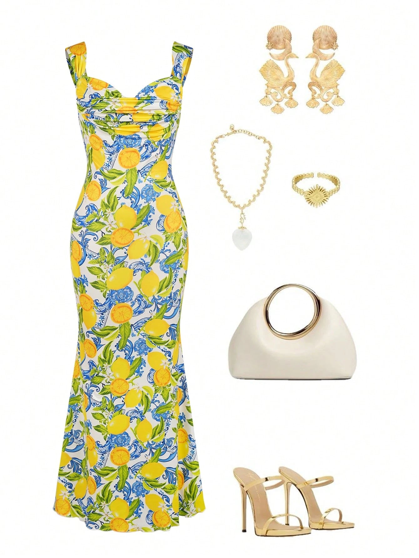 Clasi Women's White And Blue Floral Lemon Print Dress, Summer Casual Tropical Holiday Vacation Bodycon Maxi Dress, Pleated Collar Garden Party Beach Wedding