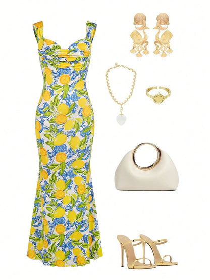 Clasi Women's White And Blue Floral Lemon Print Dress, Summer Casual Tropical Holiday Vacation Bodycon Maxi Dress, Pleated Collar Garden Party Beach Wedding