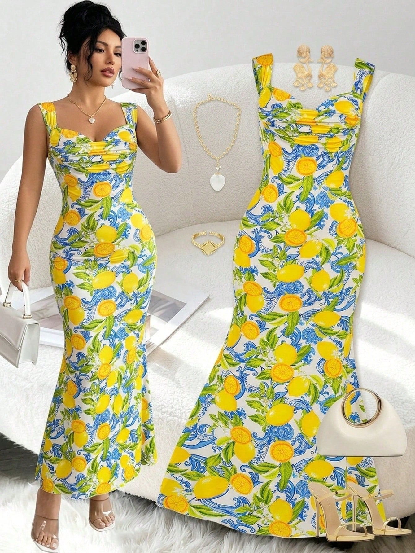 Clasi Women's White And Blue Floral Lemon Print Dress, Summer Casual Tropical Holiday Vacation Bodycon Maxi Dress, Pleated Collar Garden Party Beach Wedding