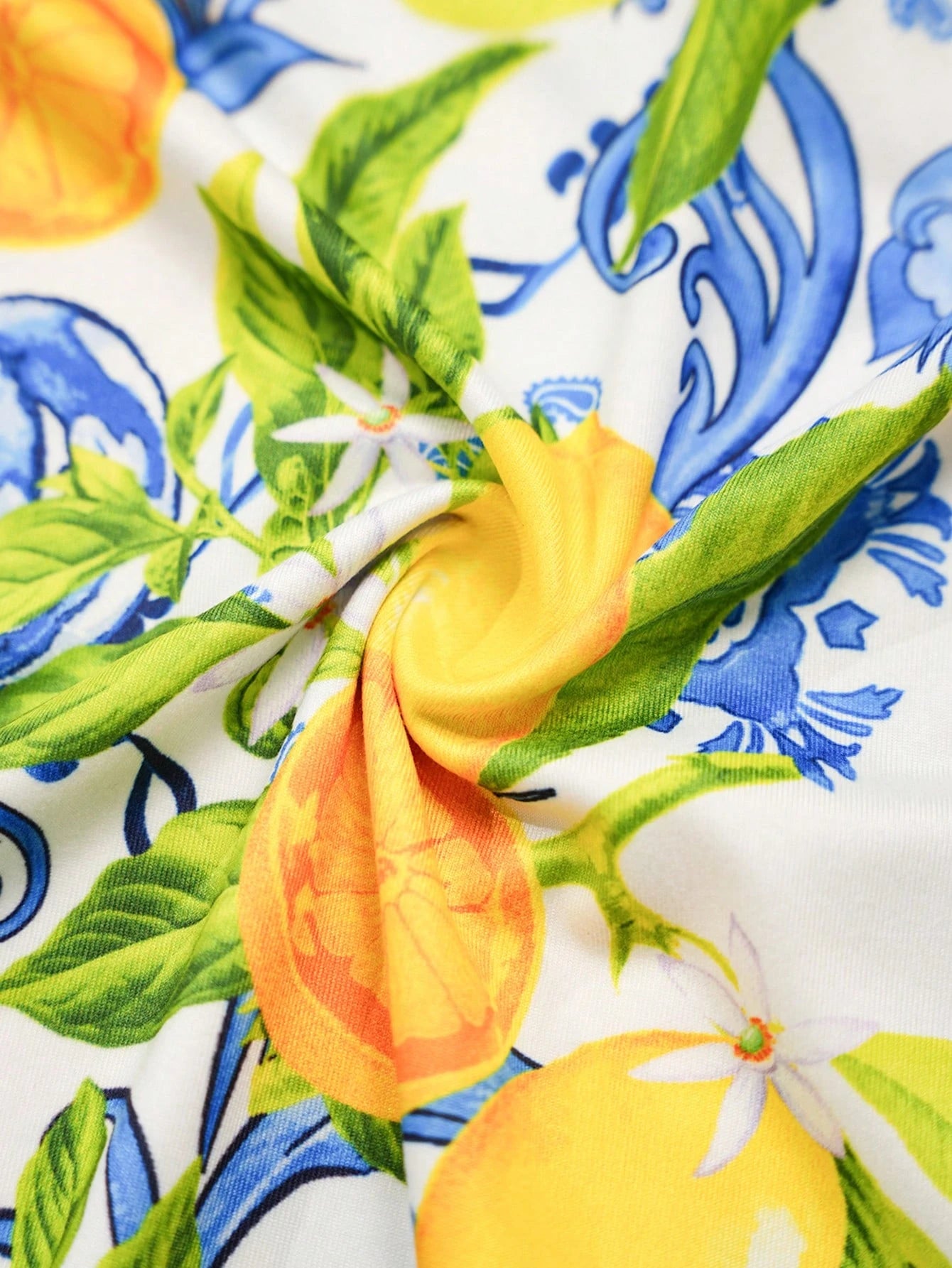 Clasi Women's White And Blue Floral Lemon Print Dress, Summer Casual Tropical Holiday Vacation Bodycon Maxi Dress, Pleated Collar Garden Party Beach Wedding