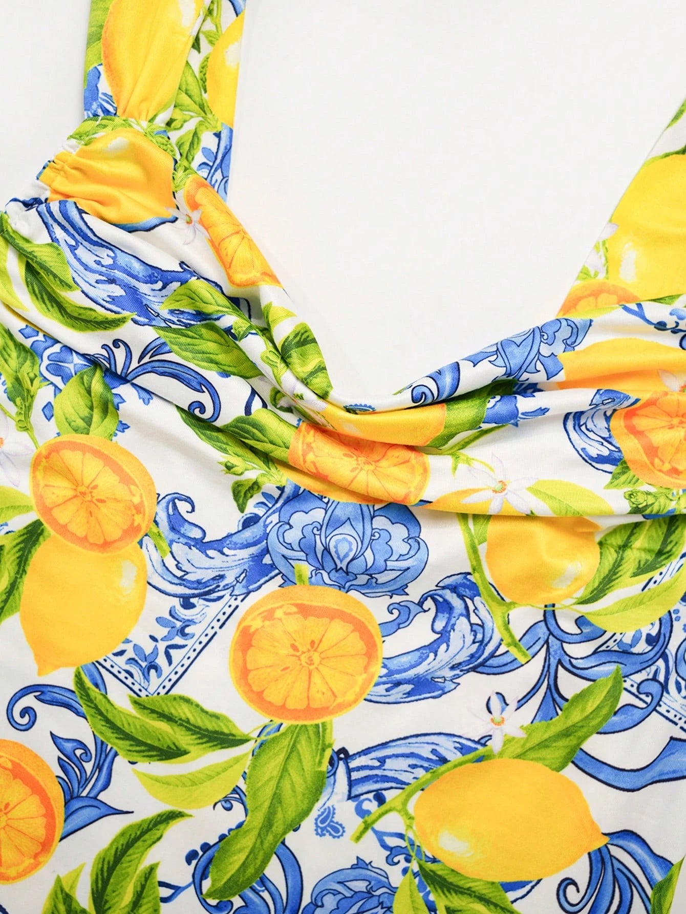 Clasi Women's White And Blue Floral Lemon Print Dress, Summer Casual Tropical Holiday Vacation Bodycon Maxi Dress, Pleated Collar Garden Party Beach Wedding