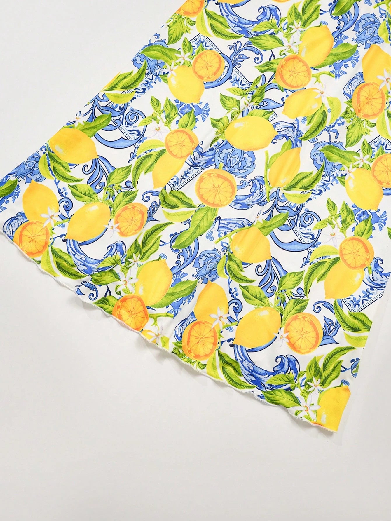 Clasi Women's White And Blue Floral Lemon Print Dress, Summer Casual Tropical Holiday Vacation Bodycon Maxi Dress, Pleated Collar Garden Party Beach Wedding