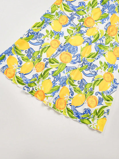 Clasi Women's White And Blue Floral Lemon Print Dress, Summer Casual Tropical Holiday Vacation Bodycon Maxi Dress, Pleated Collar Garden Party Beach Wedding