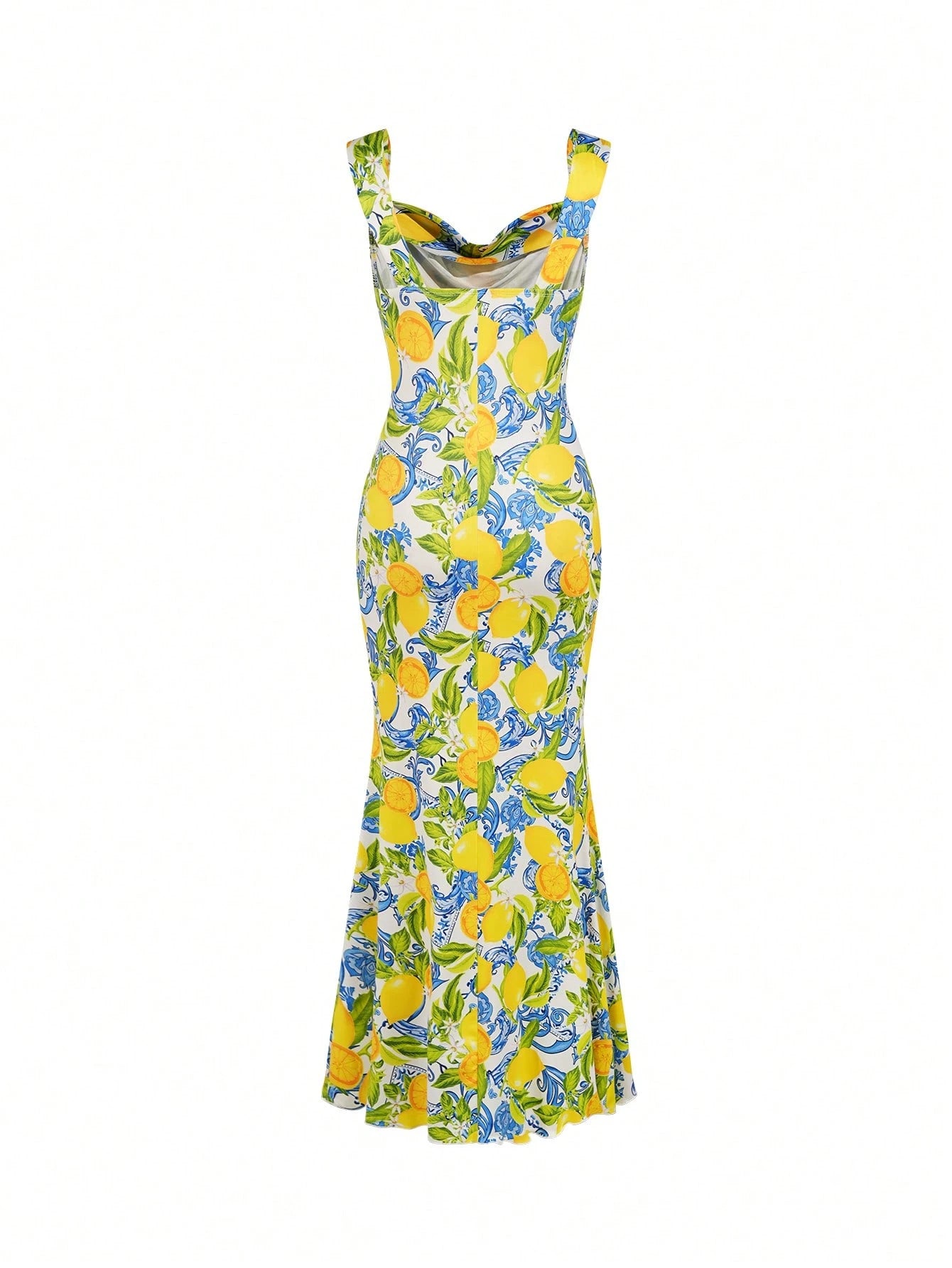 Clasi Women's White And Blue Floral Lemon Print Dress, Summer Casual Tropical Holiday Vacation Bodycon Maxi Dress, Pleated Collar Garden Party Beach Wedding