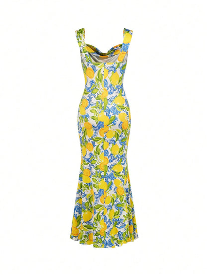 Clasi Women's White And Blue Floral Lemon Print Dress, Summer Casual Tropical Holiday Vacation Bodycon Maxi Dress, Pleated Collar Garden Party Beach Wedding