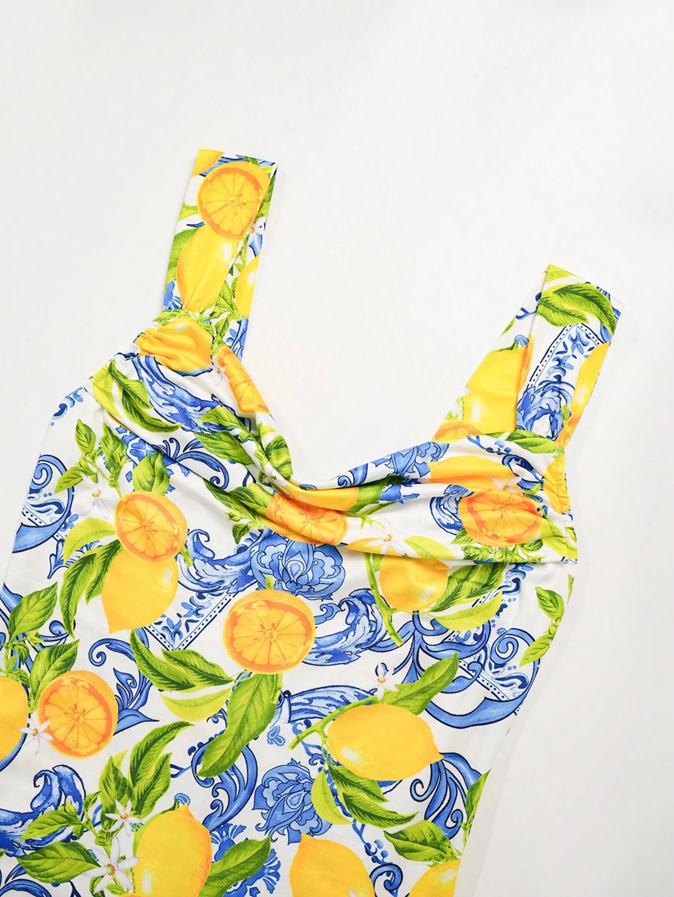 Clasi Women's White And Blue Floral Lemon Print Dress, Summer Casual Tropical Holiday Vacation Bodycon Maxi Dress, Pleated Collar Garden Party Beach Wedding