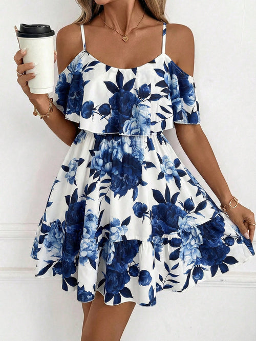 Clasi Women's White And Blue Floral Ruffle Off-Shoulder Short Sleeve Elegant Mini Dress,Boho Summer Holiday Vacation Holiday For Daily Wear And