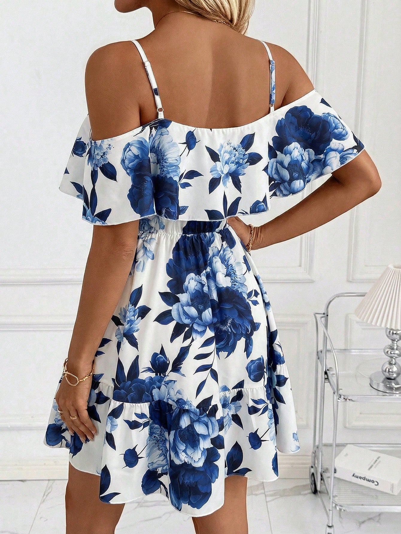 Clasi Women's White And Blue Floral Ruffle Off-Shoulder Short Sleeve Elegant Mini Dress,Boho Summer Holiday Vacation Holiday For Daily Wear And