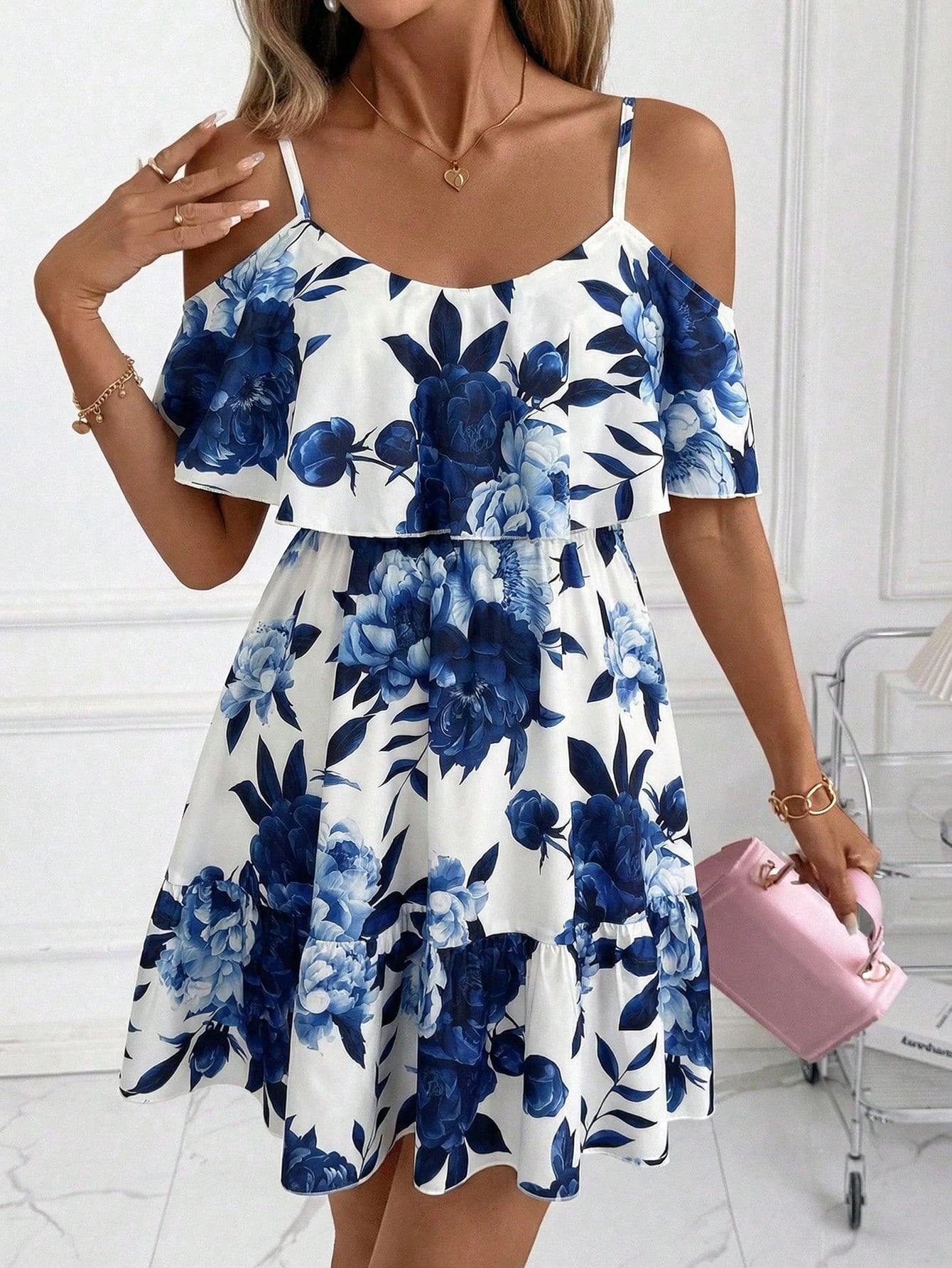 Clasi Women's White And Blue Floral Ruffle Off-Shoulder Short Sleeve Elegant Mini Dress,Boho Summer Holiday Vacation Holiday For Daily Wear And