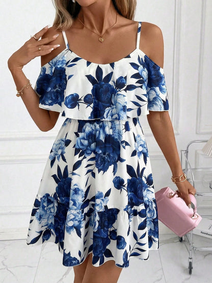 Clasi Women's White And Blue Floral Ruffle Off-Shoulder Short Sleeve Elegant Mini Dress,Boho Summer Holiday Vacation Holiday For Daily Wear And