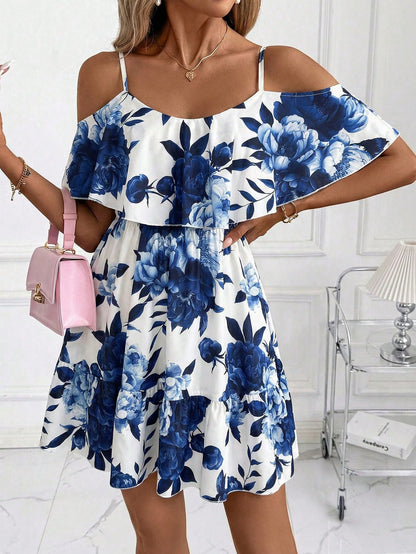 Clasi Women's White And Blue Floral Ruffle Off-Shoulder Short Sleeve Elegant Mini Dress,Boho Summer Holiday Vacation Holiday For Daily Wear And