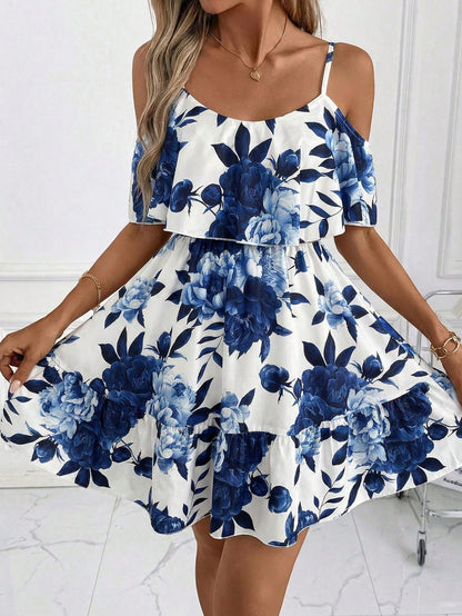 Clasi Women's White And Blue Floral Ruffle Off-Shoulder Short Sleeve Elegant Mini Dress,Boho Summer Holiday Vacation Holiday For Daily Wear And