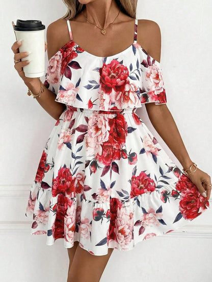 Clasi Women's White And Blue Floral Ruffle Off-Shoulder Short Sleeve Elegant Mini Dress,Boho Summer Holiday Vacation Holiday For Daily Wear And