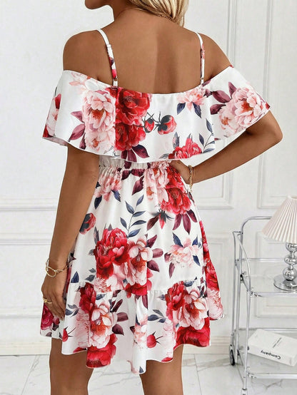 Clasi Women's White And Blue Floral Ruffle Off-Shoulder Short Sleeve Elegant Mini Dress,Boho Summer Holiday Vacation Holiday For Daily Wear And