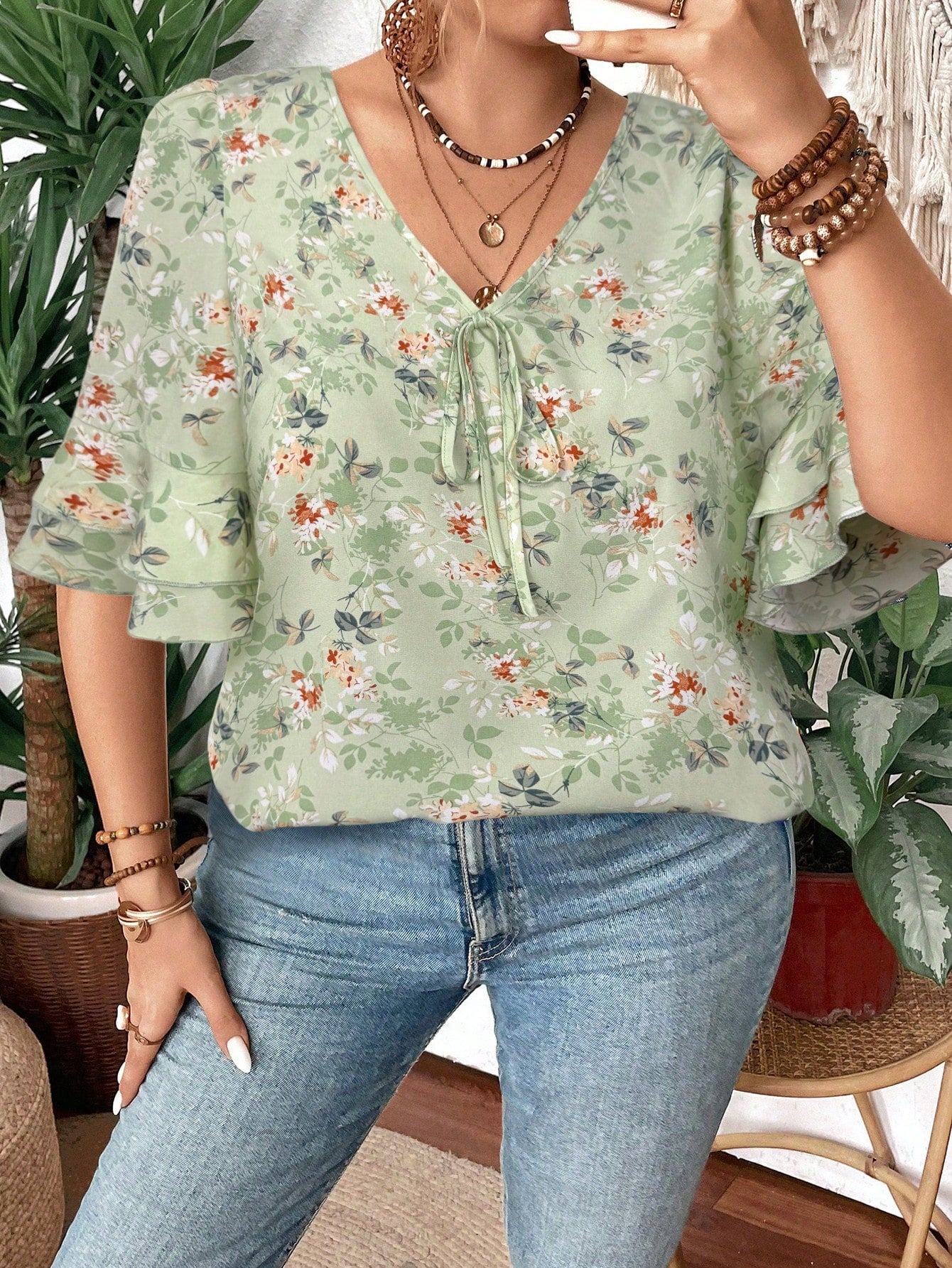Clasi Women V-Neck Floral Print Ruffle Double Layer Mid Sleeve Blouse