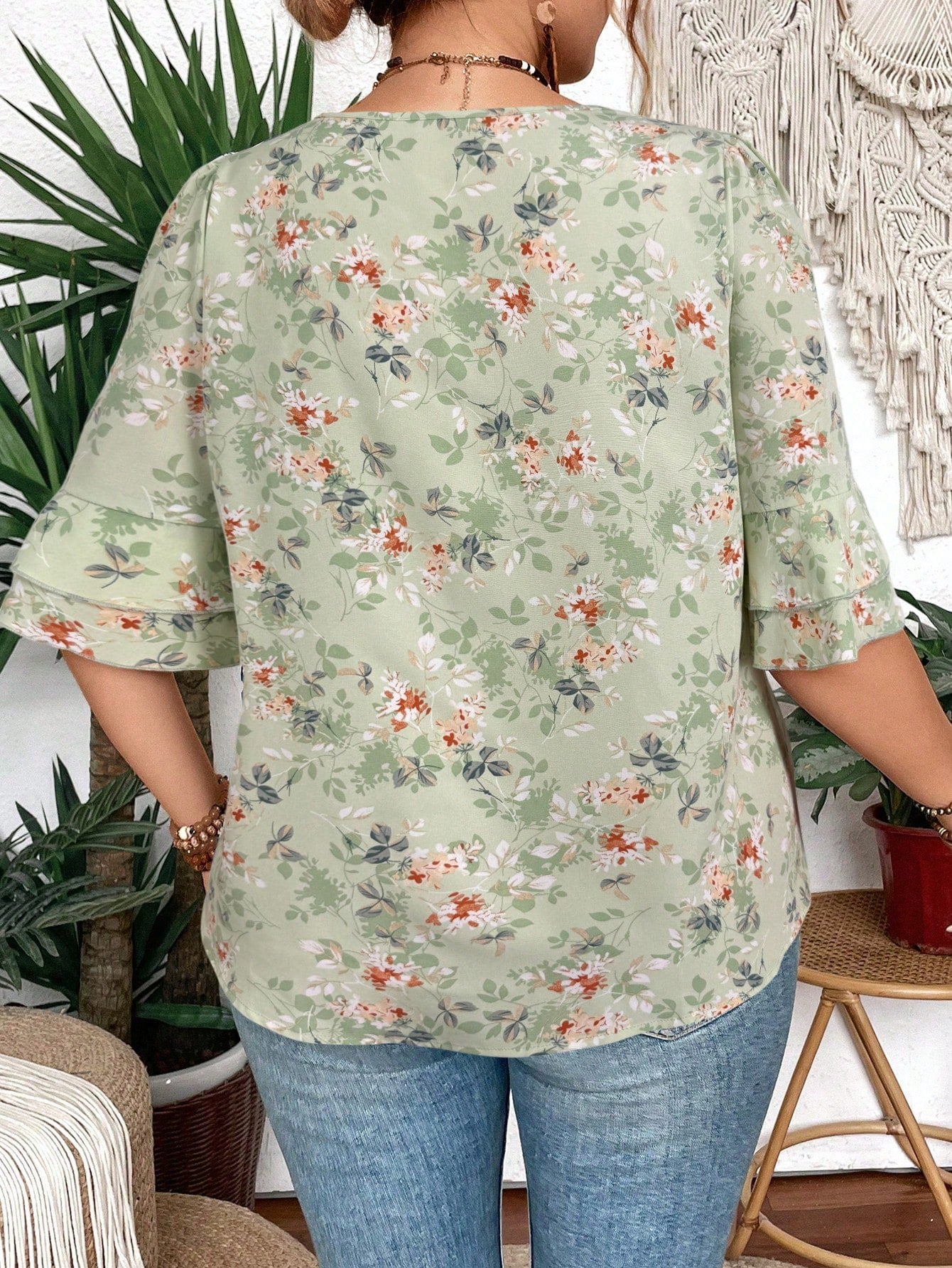 Clasi Women V-Neck Floral Print Ruffle Double Layer Mid Sleeve Blouse