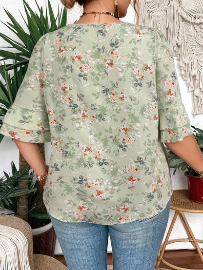Clasi Women V-Neck Floral Print Ruffle Double Layer Mid Sleeve Blouse