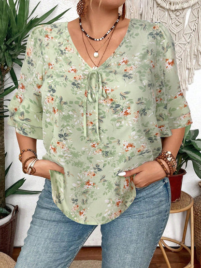 Clasi Women V-Neck Floral Print Ruffle Double Layer Mid Sleeve Blouse