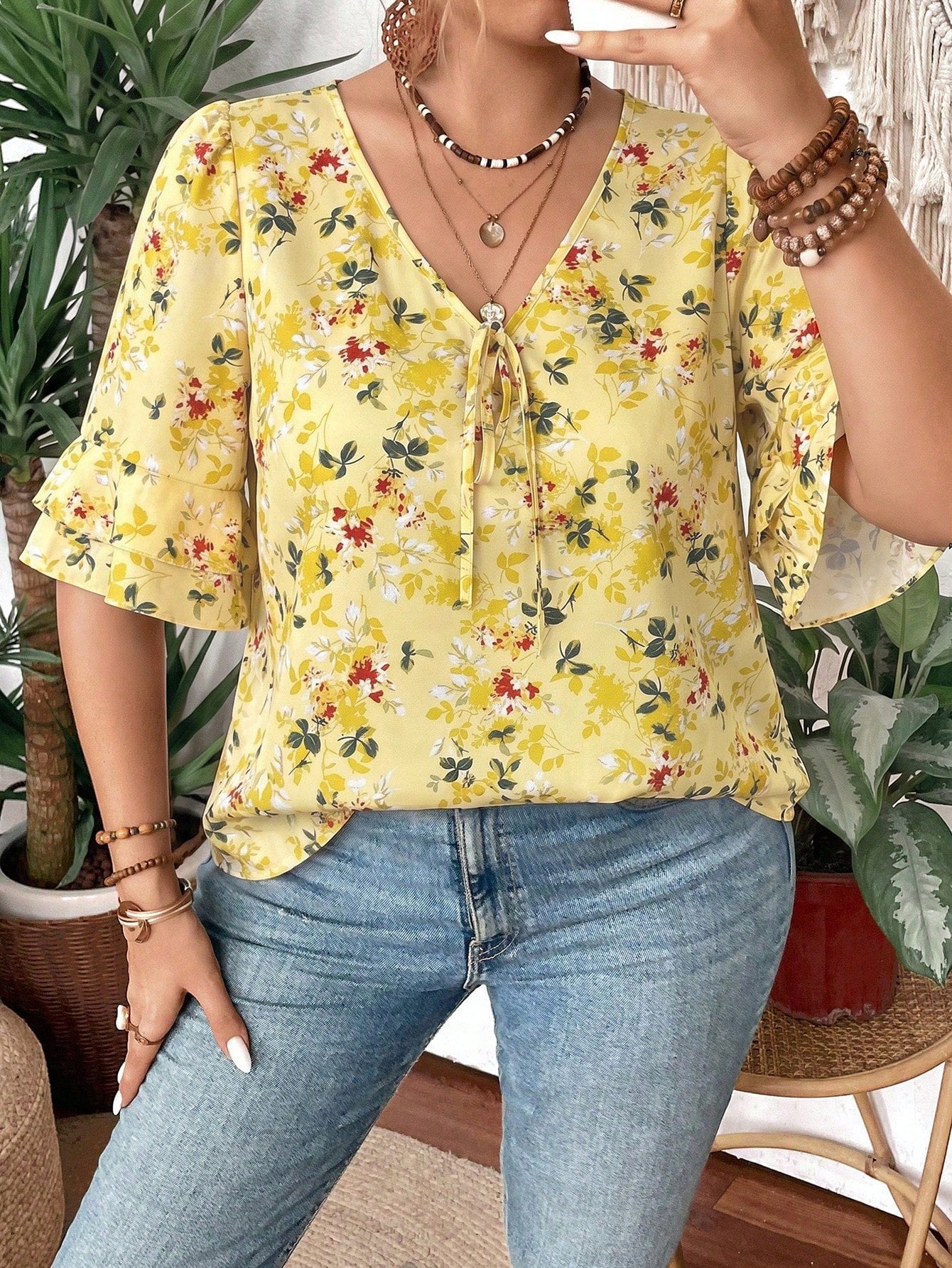 Clasi Women V-Neck Floral Print Ruffle Double Layer Mid Sleeve Blouse