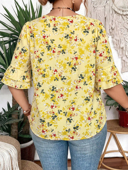 Clasi Women V-Neck Floral Print Ruffle Double Layer Mid Sleeve Blouse