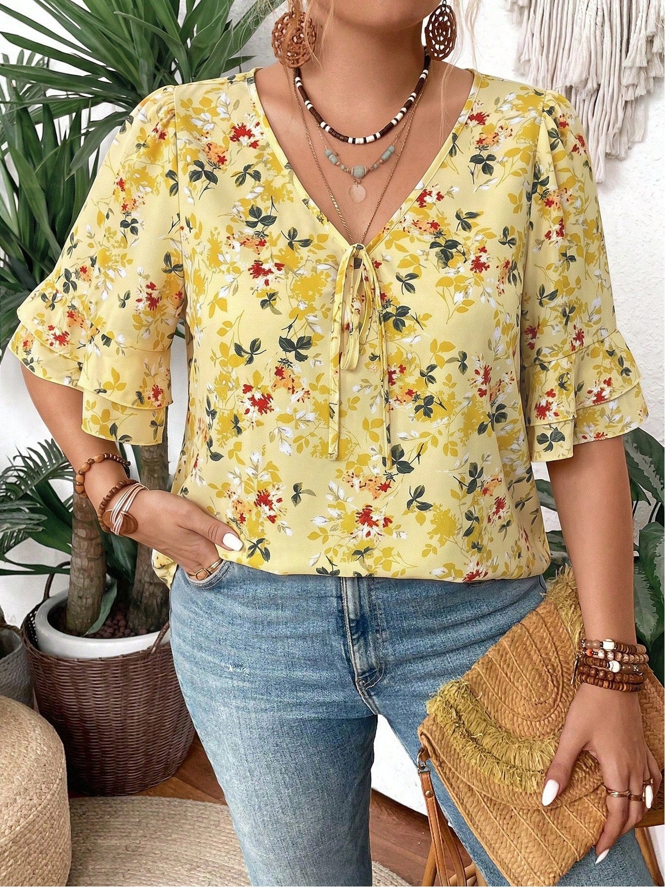 Clasi Women V-Neck Floral Print Ruffle Double Layer Mid Sleeve Blouse