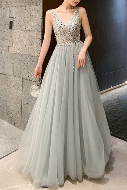 Classic A-line Grey and Silver Sequins Formal Dress