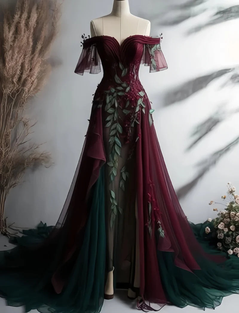 Classic Burgundy Green Tulle Prom Dresses A-line Off The Shoulder Evening Gown,AST2123
