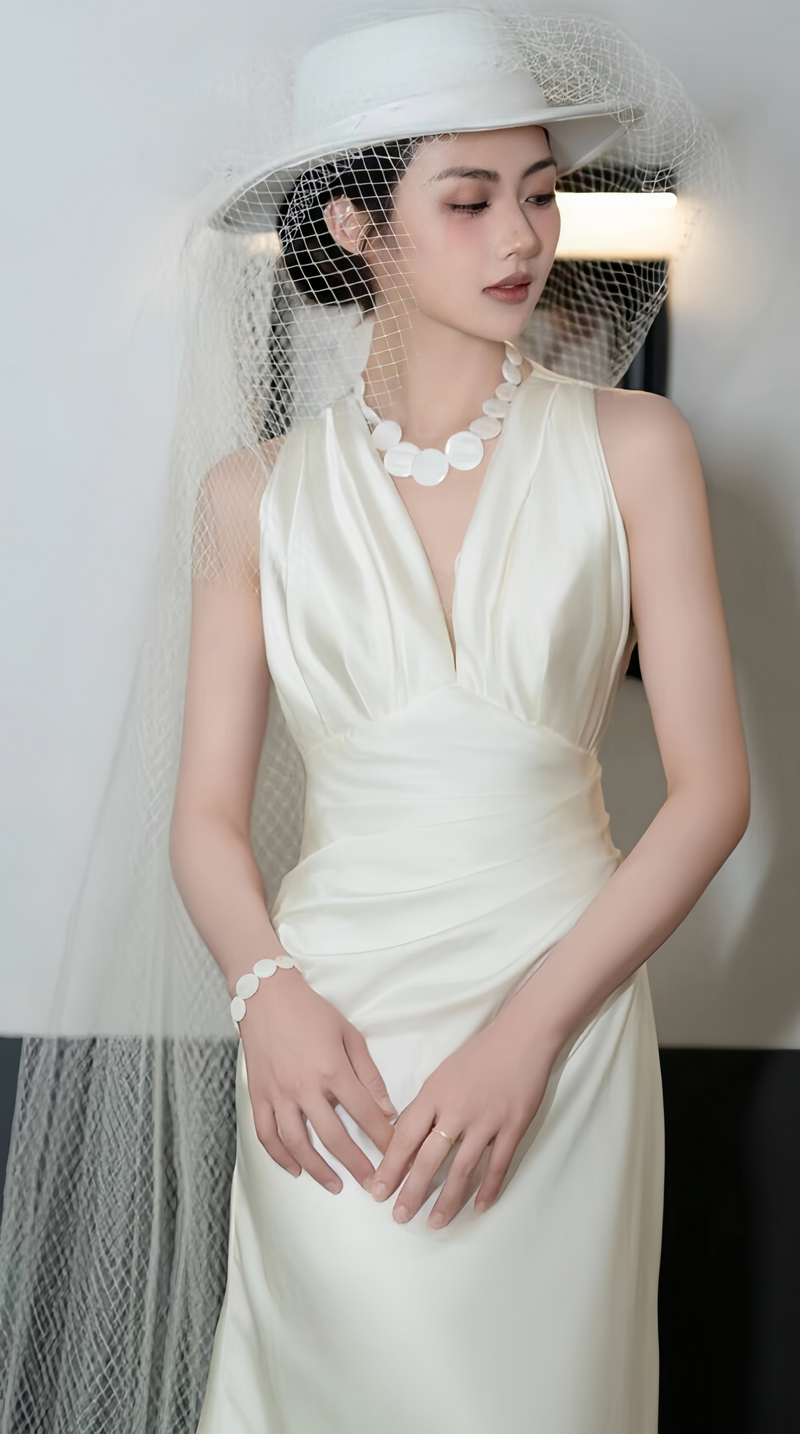 Classic Ivory Satin Wedding Dress, Modern V-neck Wedding Gown, AST1751