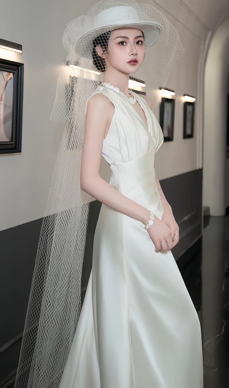 Classic Ivory Satin Wedding Dress, Modern V-neck Wedding Gown, AST1751