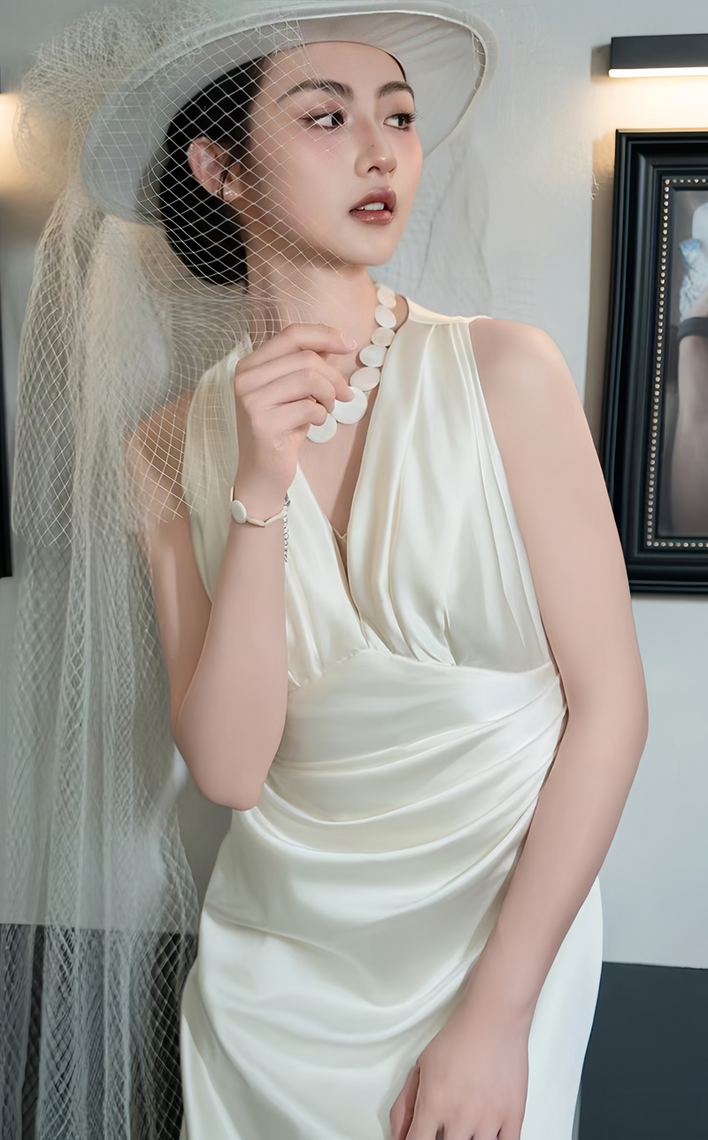Classic Ivory Satin Wedding Dress, Modern V-neck Wedding Gown, AST1751