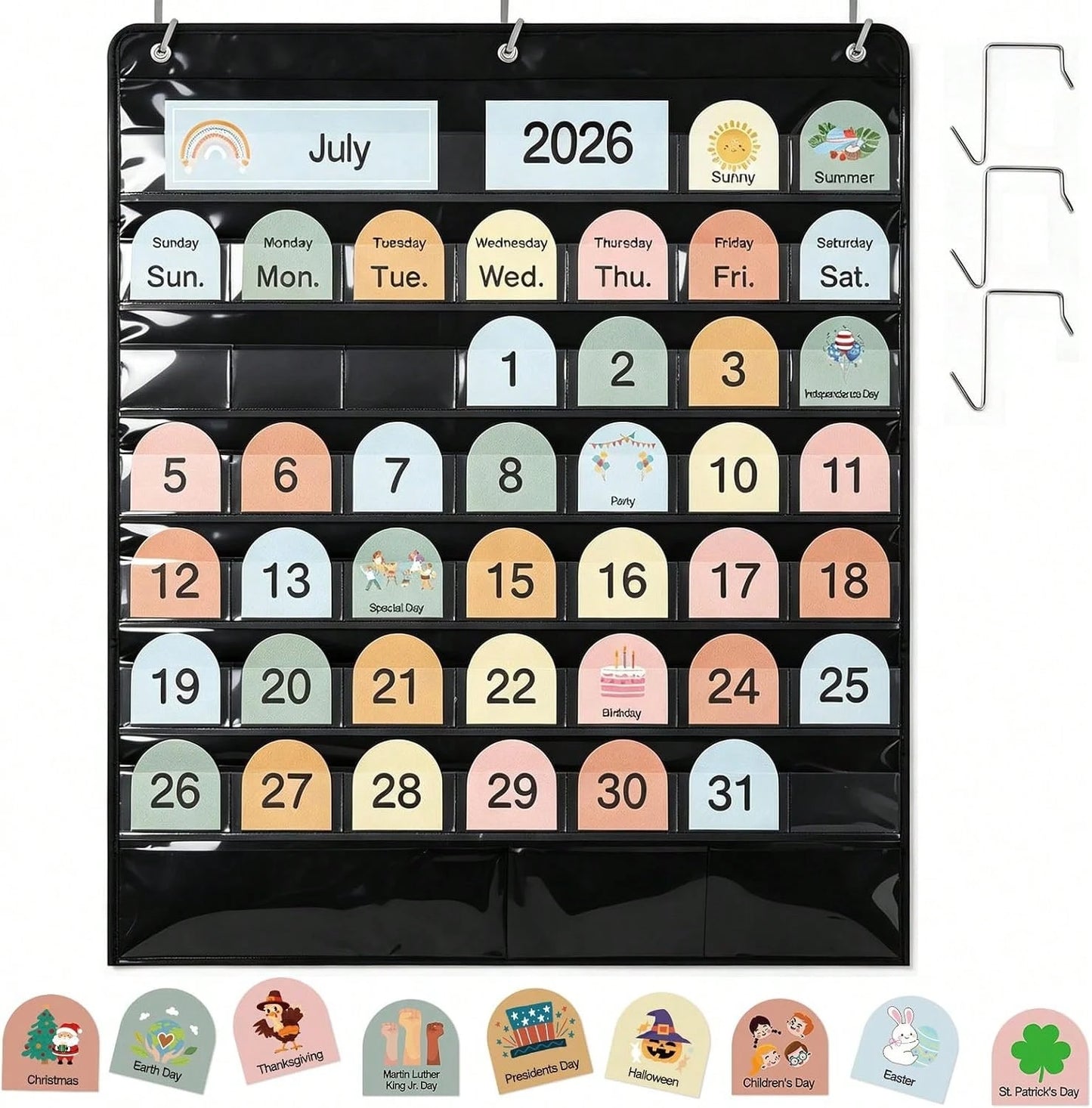 Classroom Calendar Pocket Chart, Pocket Calendar For, Boho 45 Pockets With 150 Cards And 3 Hooks- 32 X 24 Inch Size For Home Learning, Kindergarten Circle Time And Classroom Schedule