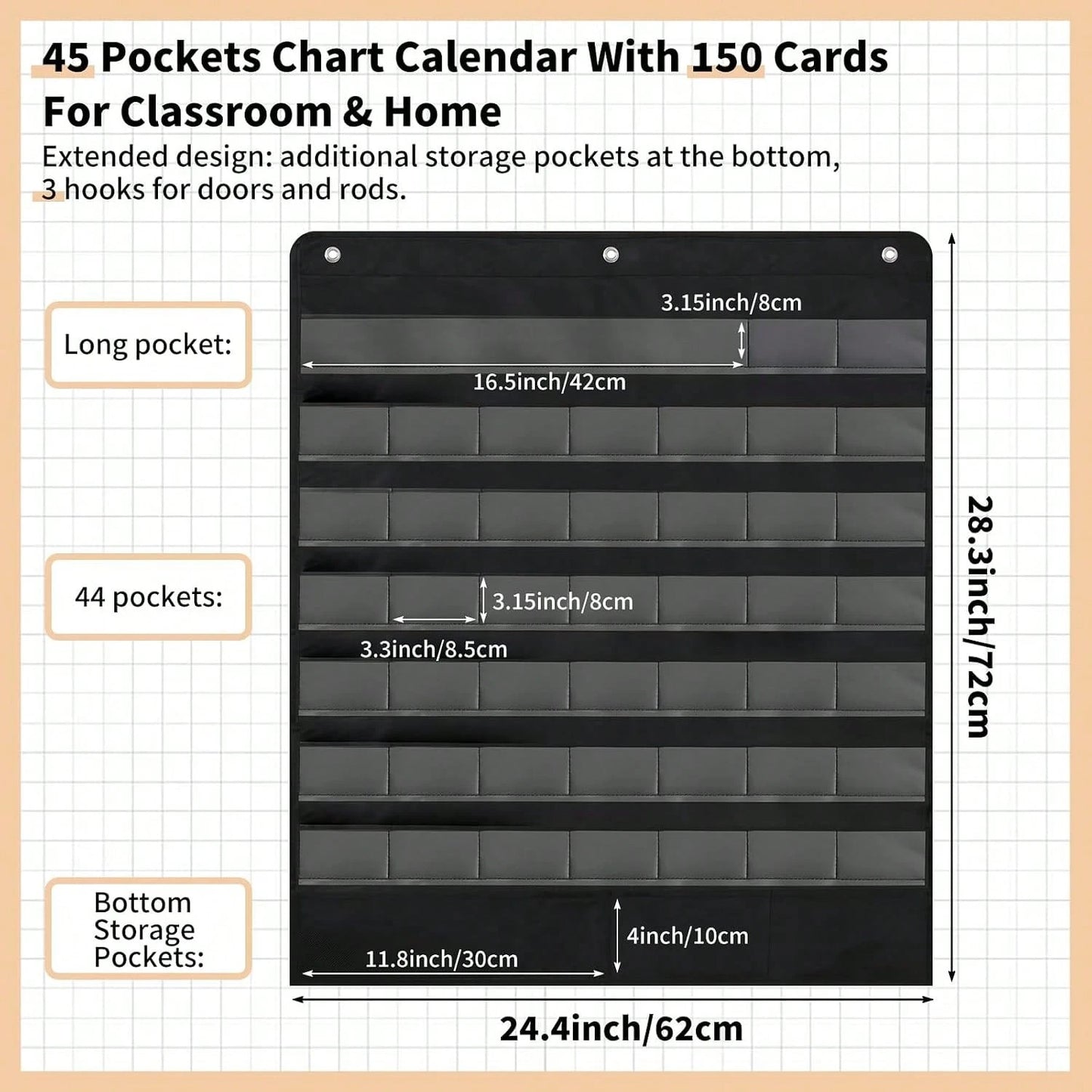 Classroom Calendar Pocket Chart, Pocket Calendar For, Boho 45 Pockets With 150 Cards And 3 Hooks- 32 X 24 Inch Size For Home Learning, Kindergarten Circle Time And Classroom Schedule
