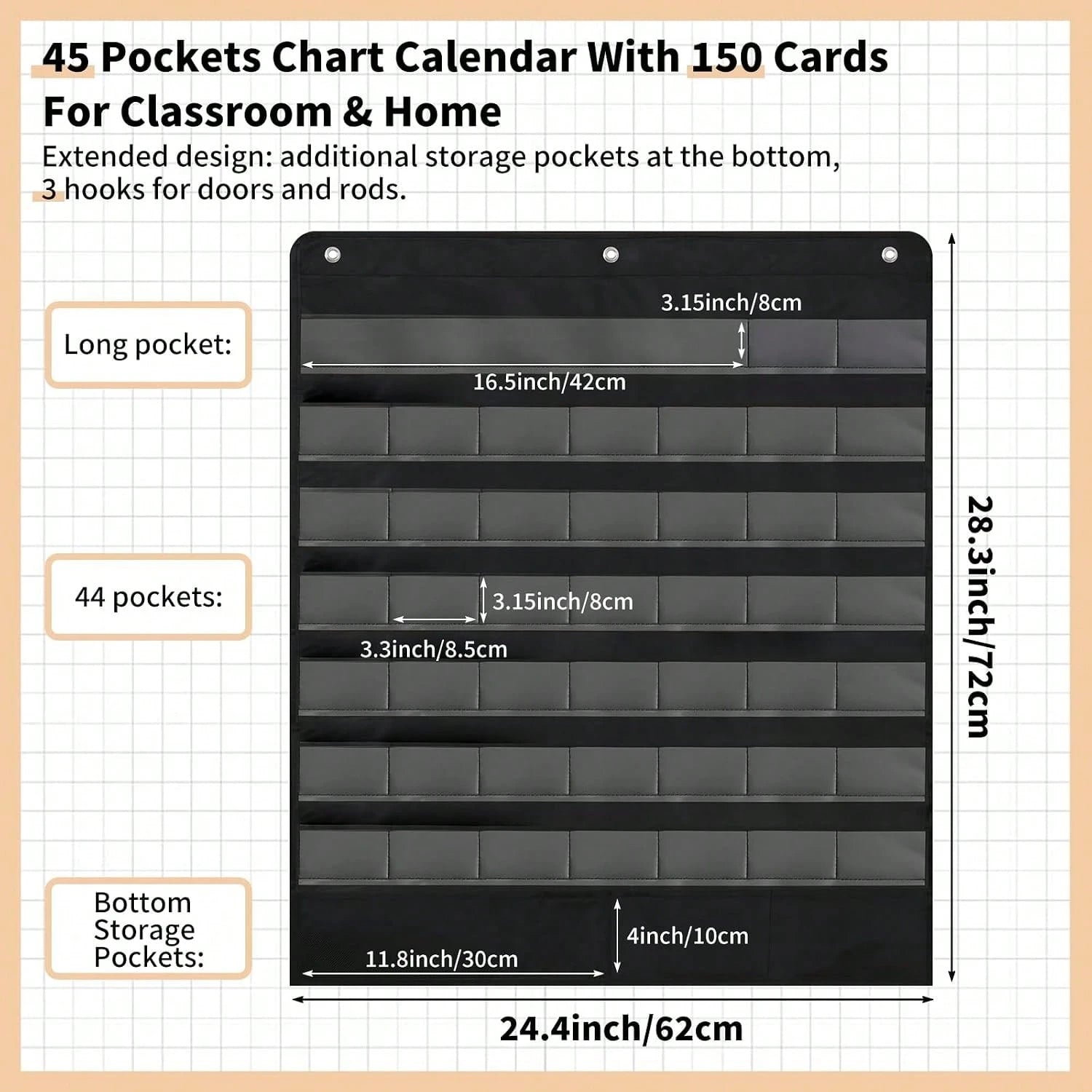 Classroom Calendar Pocket Chart, Pocket Calendar For, Boho 45 Pockets With 150 Cards And 3 Hooks- 32 X 24 Inch Size For Home Learning, Kindergarten Circle Time And Classroom Schedule