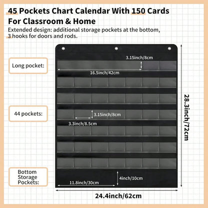 Classroom Calendar Pocket Chart, Pocket Calendar For, Boho 45 Pockets With 150 Cards And 3 Hooks- 32 X 24 Inch Size For Home Learning, Kindergarten Circle Time And Classroom Schedule