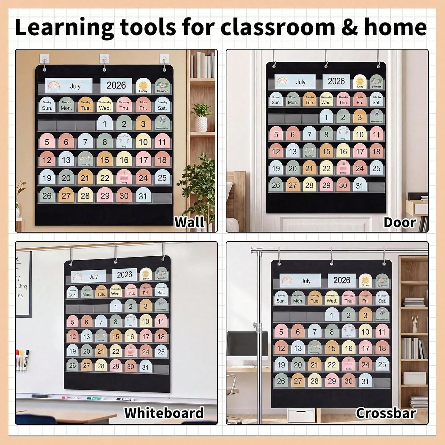 Classroom Calendar Pocket Chart, Pocket Calendar For, Boho 45 Pockets With 150 Cards And 3 Hooks- 32 X 24 Inch Size For Home Learning, Kindergarten Circle Time And Classroom Schedule