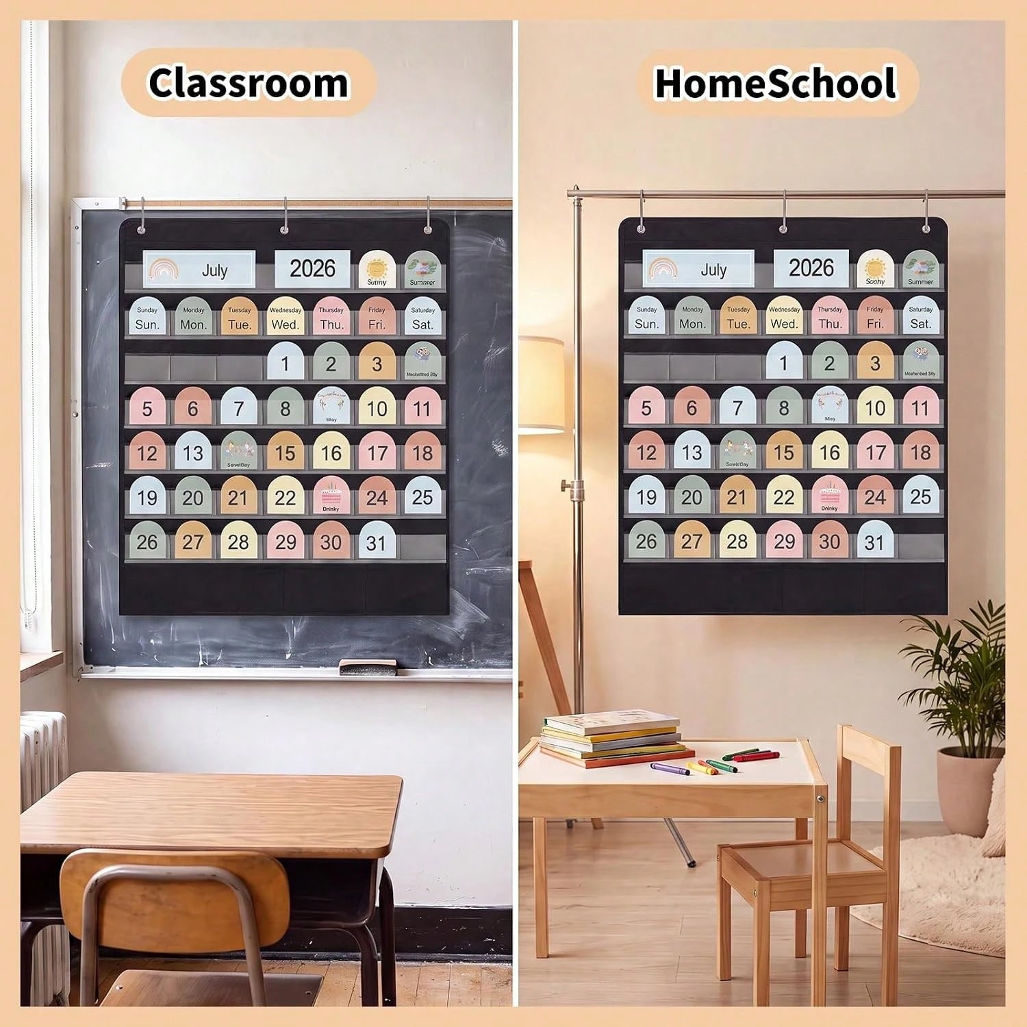 Classroom Calendar Pocket Chart, Pocket Calendar For, Boho 45 Pockets With 150 Cards And 3 Hooks- 32 X 24 Inch Size For Home Learning, Kindergarten Circle Time And Classroom Schedule