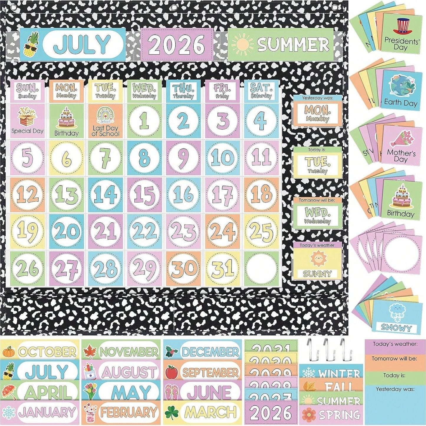 Classroom Calendar Pocket Chart Set Calendar Bulletin Board Set Seasons Festival Weather Pocket Chart For Classroom Decoration With 3 Metal Hooks Back To School Supplies Composition, Black